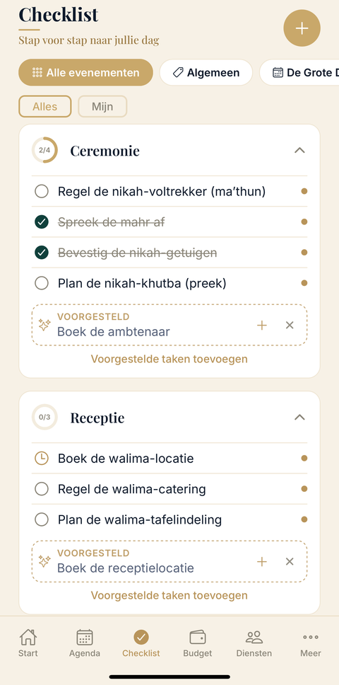 Checklist met taken per ceremonie in de Qamar-app