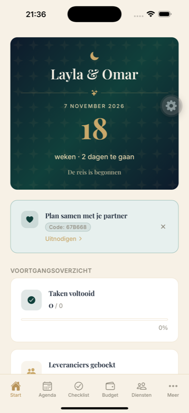 Qamar-dashboard met aftelkaart naar de trouwdag, voortgang en taken
