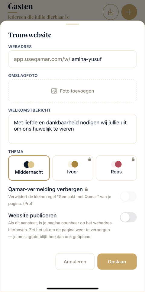 Persoonlijke trouwwebsite van Amina & Yusuf, gemaakt met Qamar